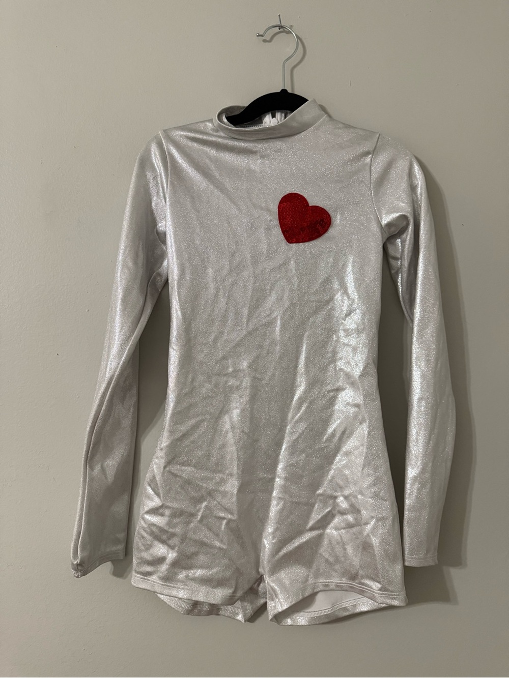 White Metallic Heart Bodysuit Kids S 4-6 Long Sleeve Costume Leotard